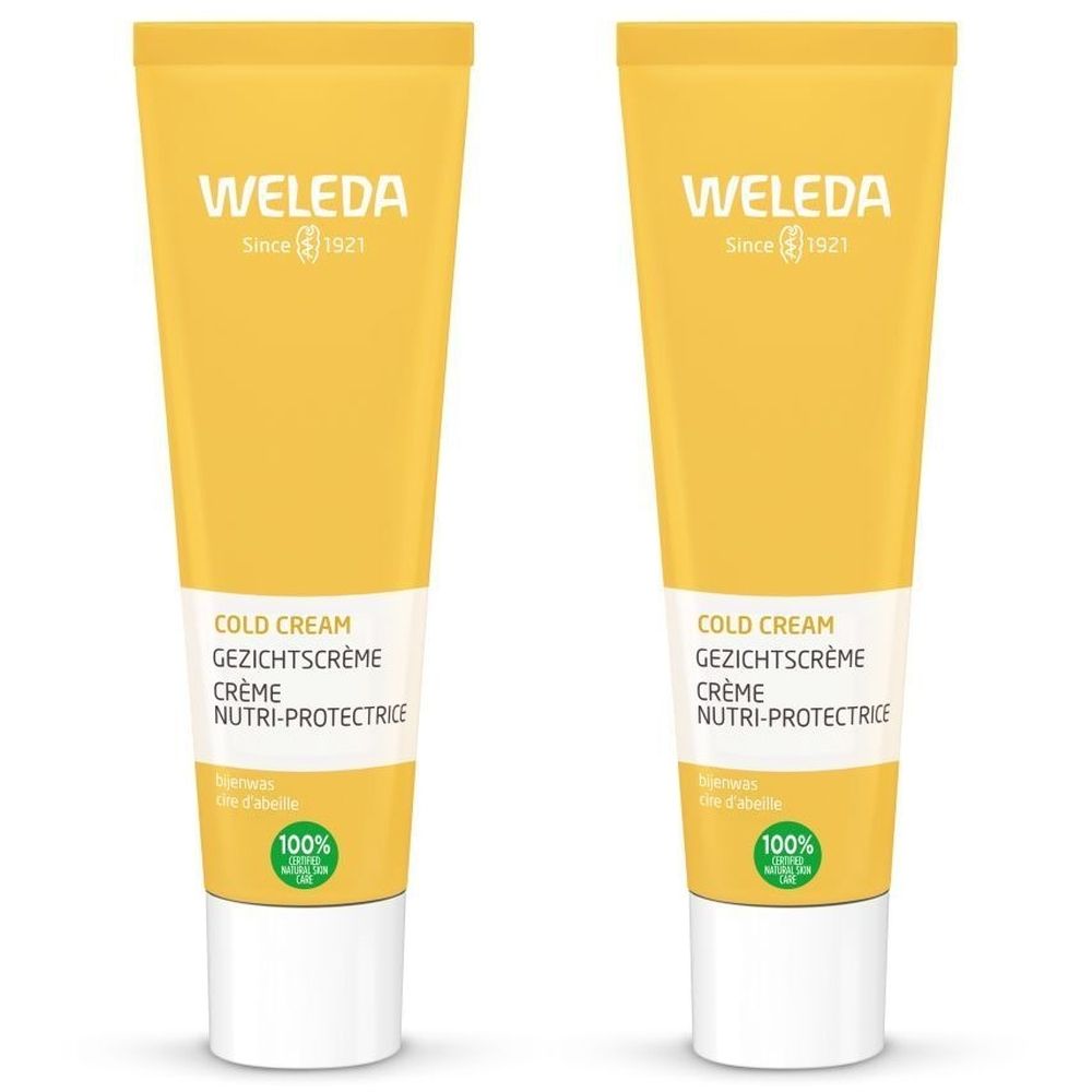 Twee gele tubes met witte dop. Opschrift: WELEDA, Cold Cream, Gezichtscrème, Crème Nutri-Protectrice.