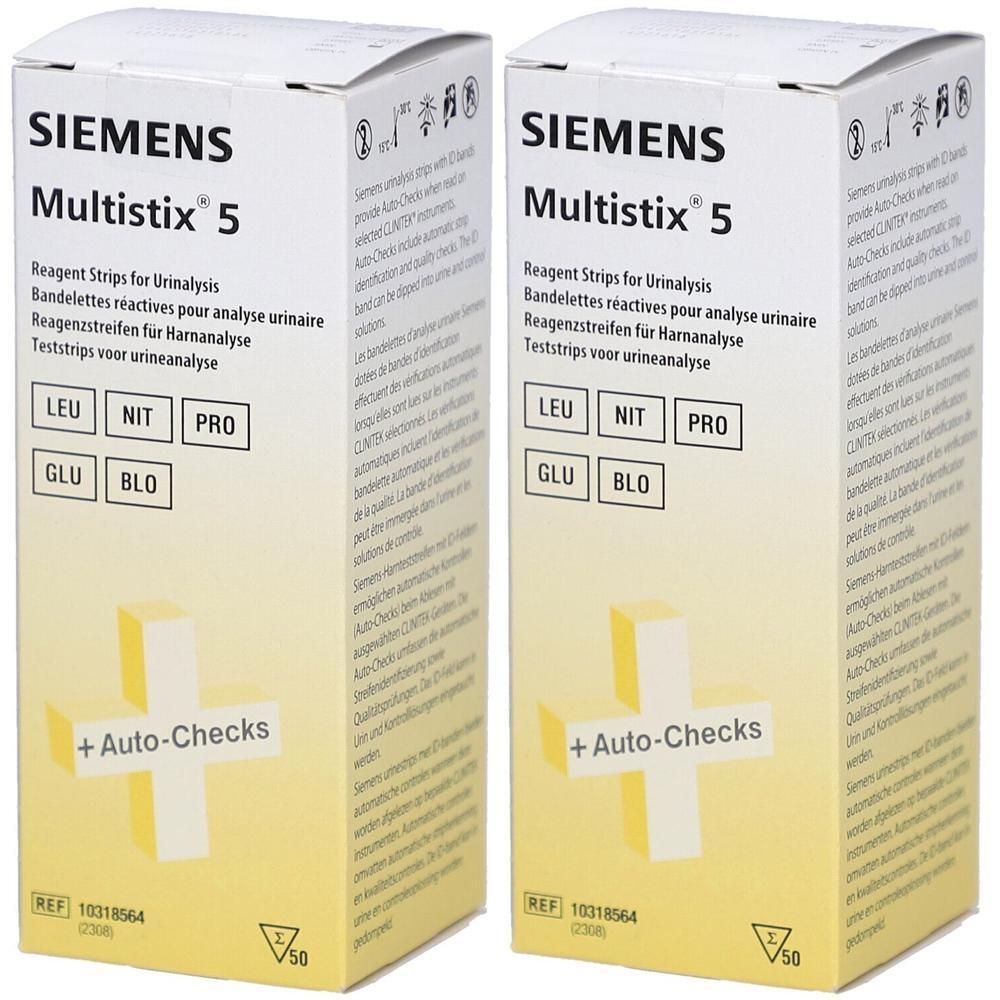 Twee dozen Siemens Multistix 5. Opschrift: Reagentstrips voor urineanalyse. Met logo's en tekstvakken.