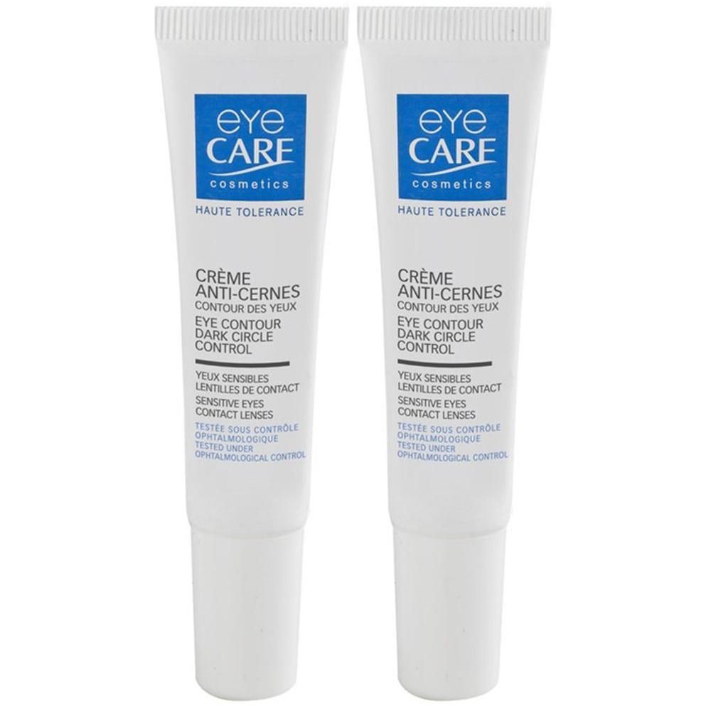Twee witte tubes met blauwe tekst. Tekst: Eye Care, Crème Anti-Cernes, Contour des Yeux, Dark Circle Control. Voor gevoelige ogen.