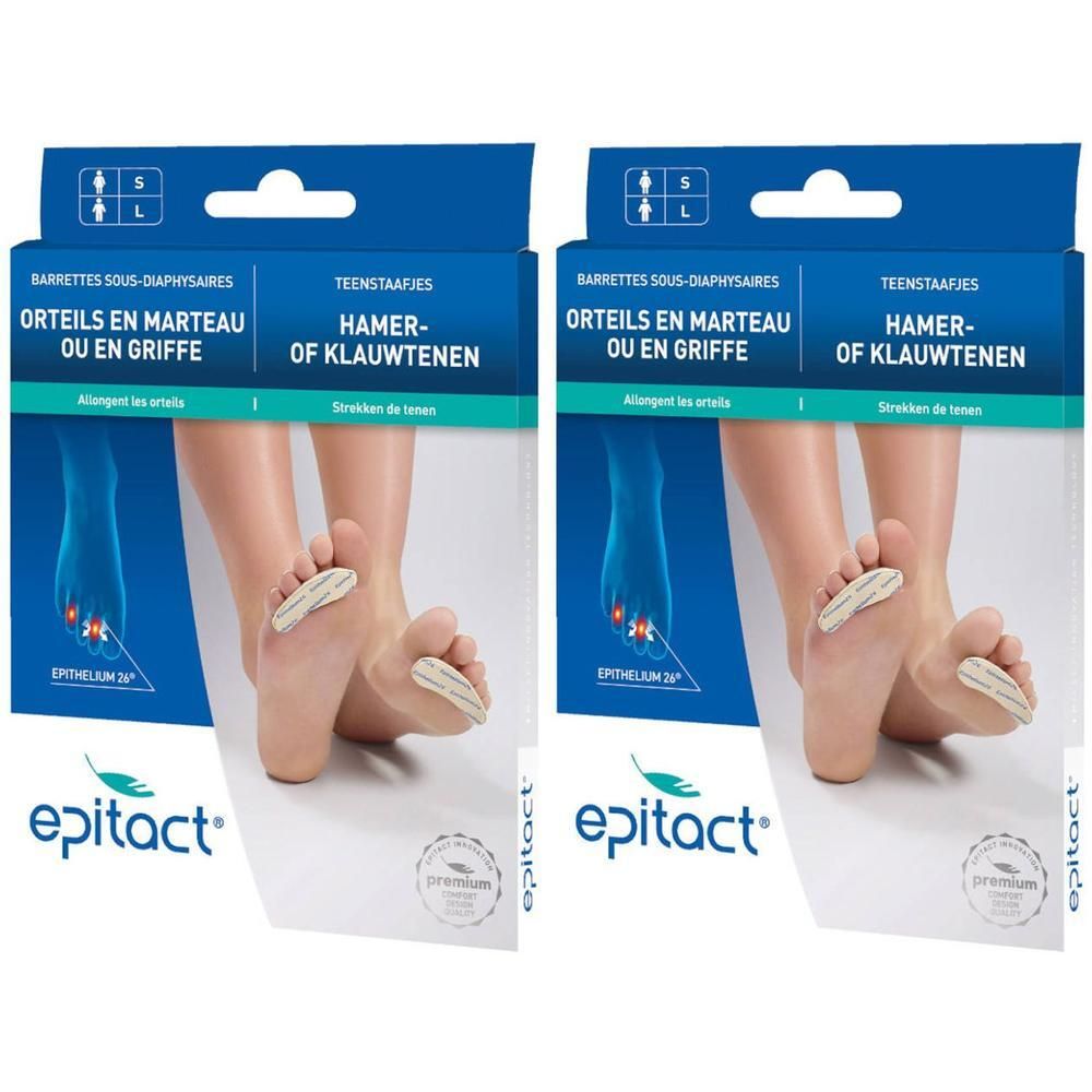 Deux boîtes de barrettes Epitact®. Emballage bleu avec nom du produit et illustration d'un pied avec orthèse.