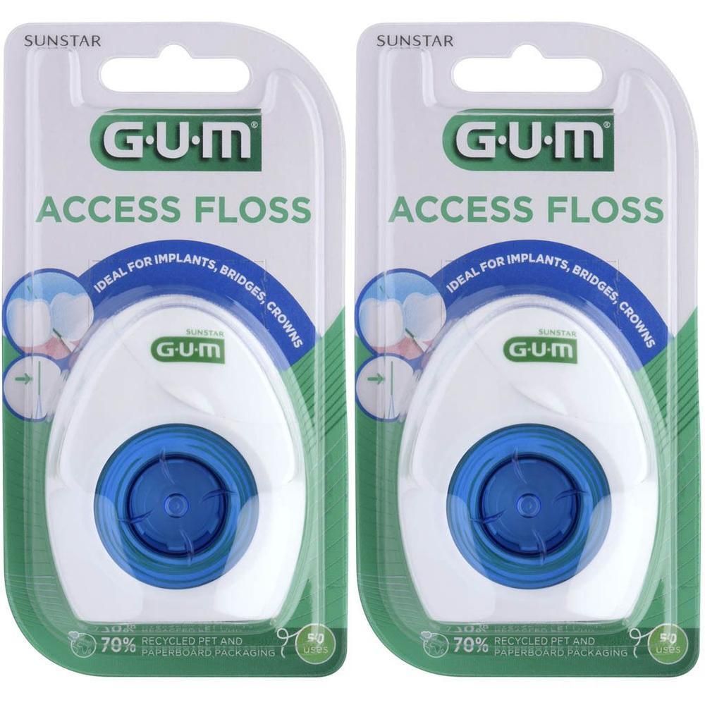 Twee verpakkingen GUM Access Floss. Witte containers met blauwe deksel. Groene verpakking met tekst: Ideal voor implantaten, bruggen, kronen.