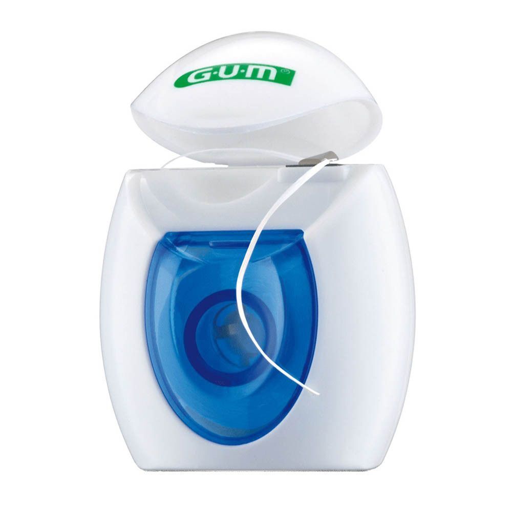 GUM Access Floss, witte container met blauwe inzet. Deksel open, draad zichtbaar. GUM logo bovenaan.