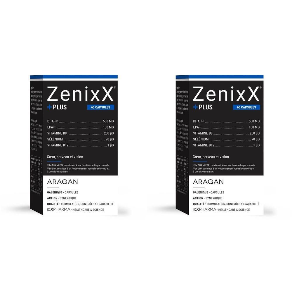 Deux boîtes ZenixX PLUS. Inscriptions: DHA, EPA, vitamines, sélénium, vitamine B12. Marque : ARAGAN. 60 capsules.