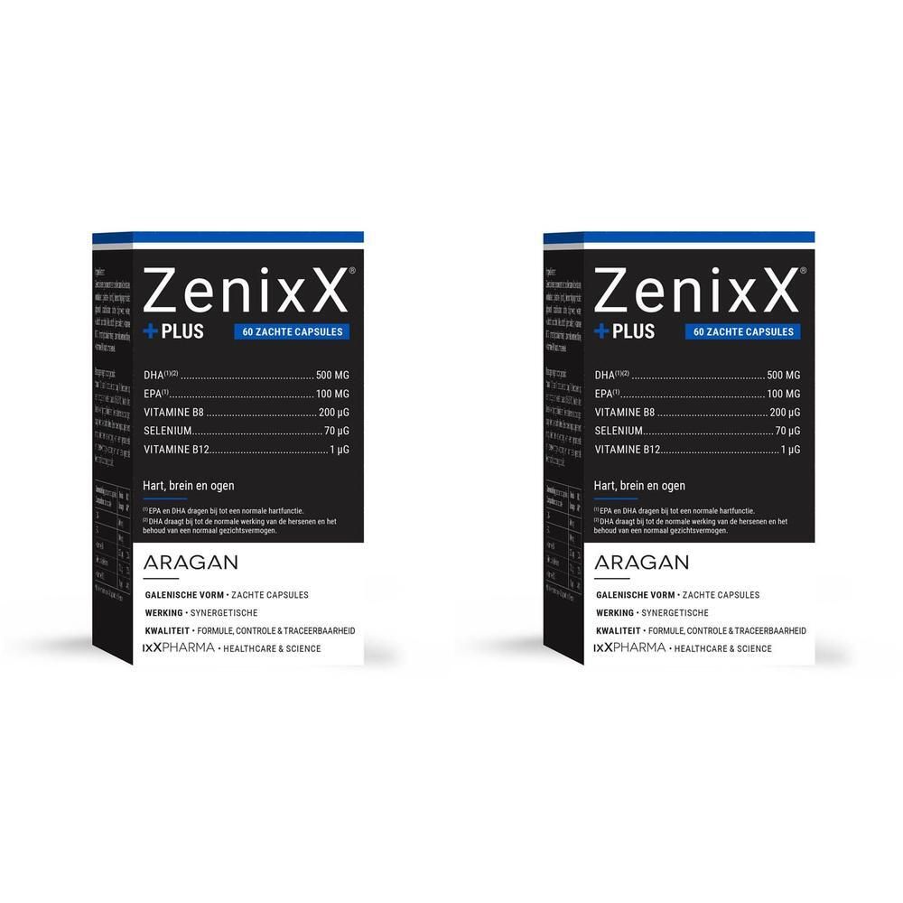 Twee dozen ZenixX PLUS. Opschrift: DHA, EPA, vitaminen, selenium, vitamine B12. Merk: ARAGAN. 60 capsules.