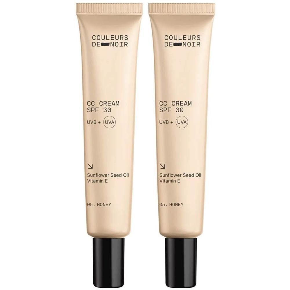 Twee tubes CC CREAM SPF 30. Beige tubes met zwarte dop. Opschrift: Couleurs de Noir, CC CREAM SPF 30, 05 Honey.