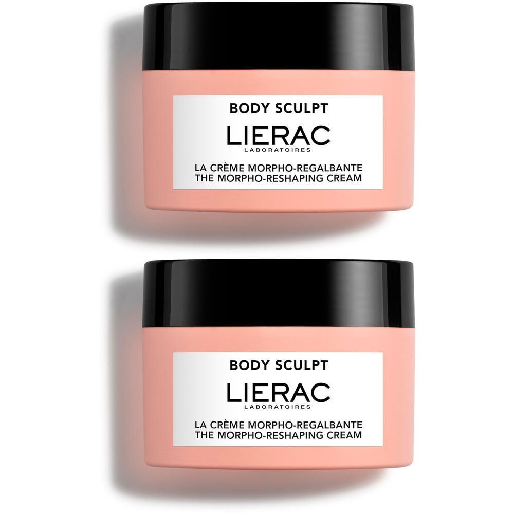 Twee roze potten met zwarte deksels. Opschrift: BODY SCULPT, LIERAC, LA CRÈME MORPHO-REGALBANTE, THE MORPHO-RESHAPING CREAM.