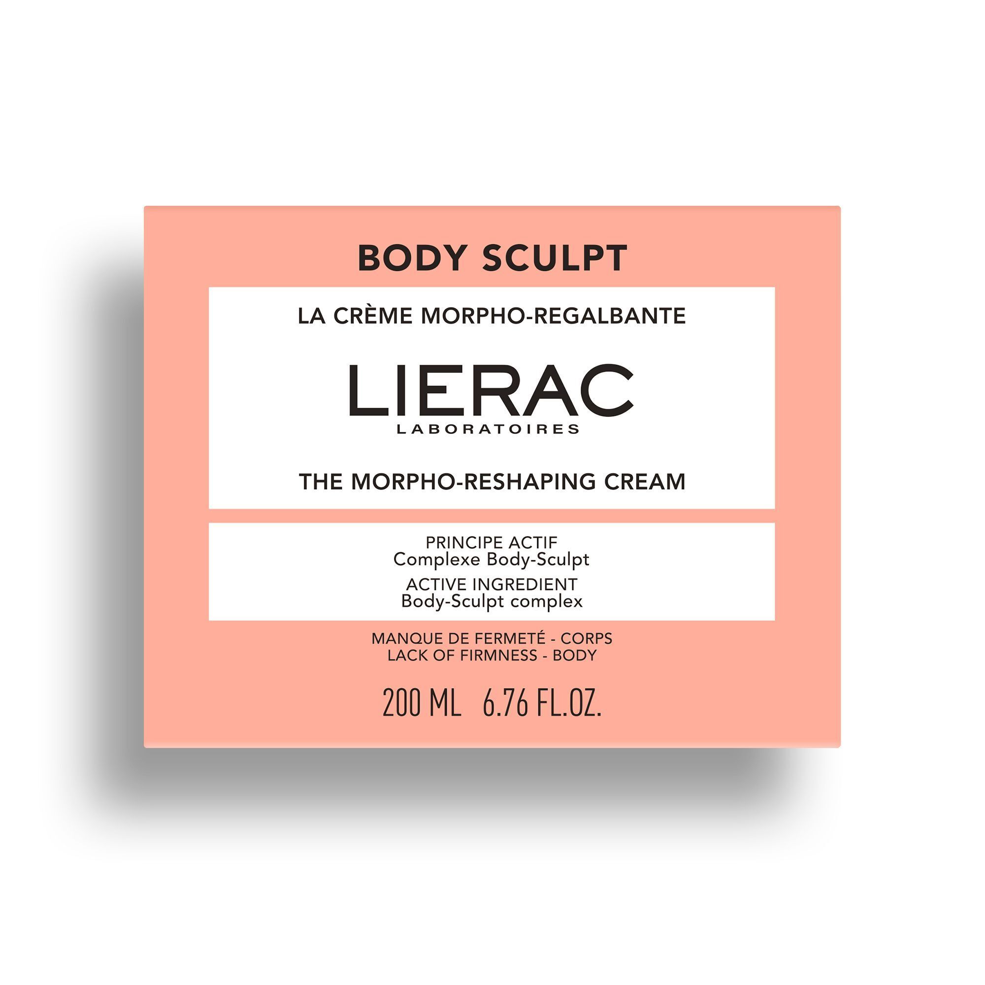Roze verpakking met wit etiket. Opschrift: BODY SCULPT, LIERAC, LA CRÈME MORPHO-REGALBANTE, THE MORPHO-RESHAPING CREAM. 200 ML 6.76 FL.OZ.