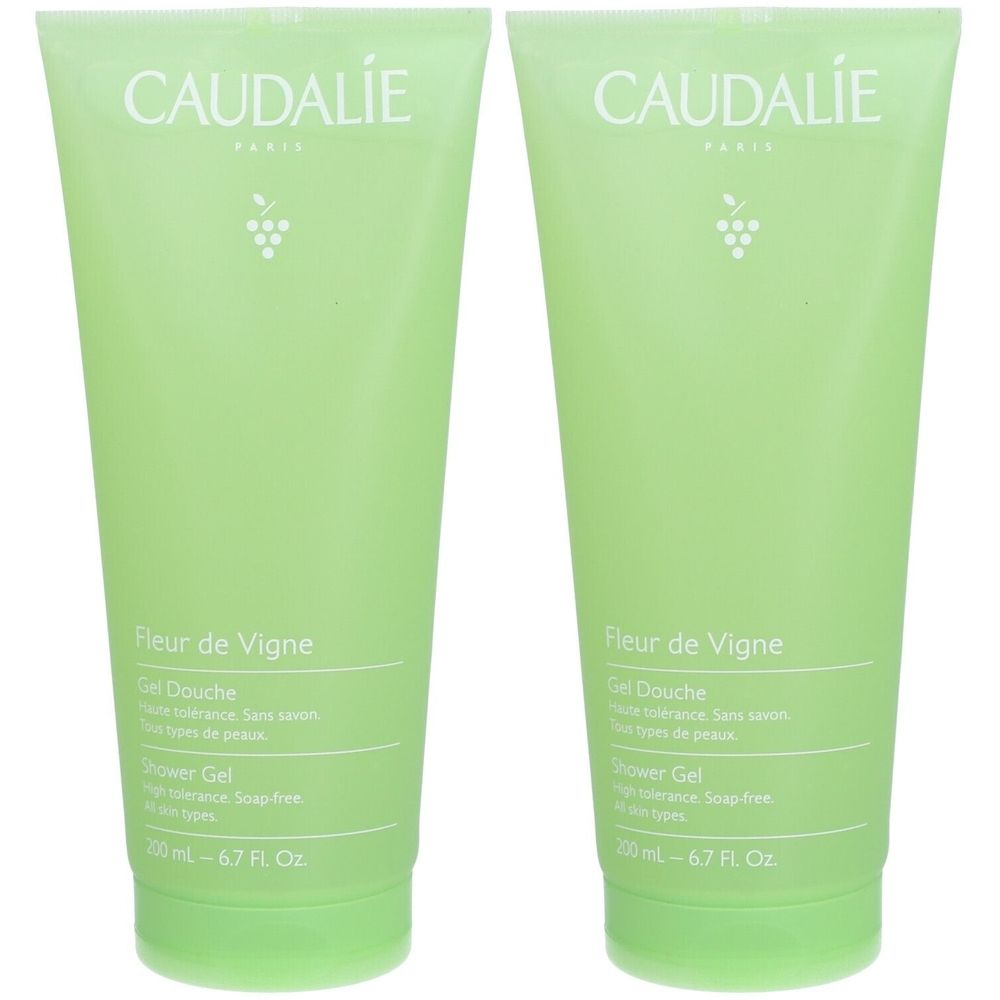 Deux tubes verts avec texte blanc. Inscription: CAUDALIE, Fleur de Vigne Gel Douche, Shower Gel. 200 ml.