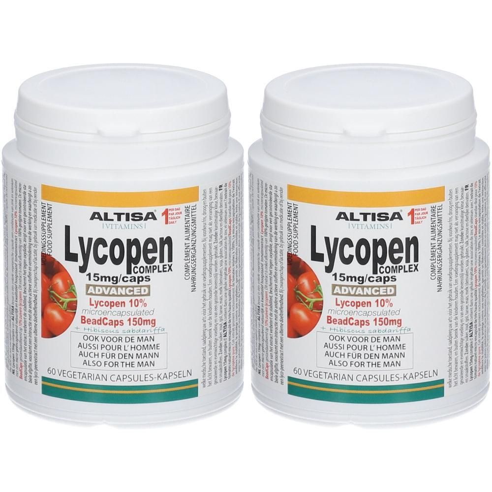 Twee witte potten met deksels. Opschrift: Altisa Lycopen Complex Advanced, 15mg/caps, 60 vegetarische capsules. Illustratie van tomaten.