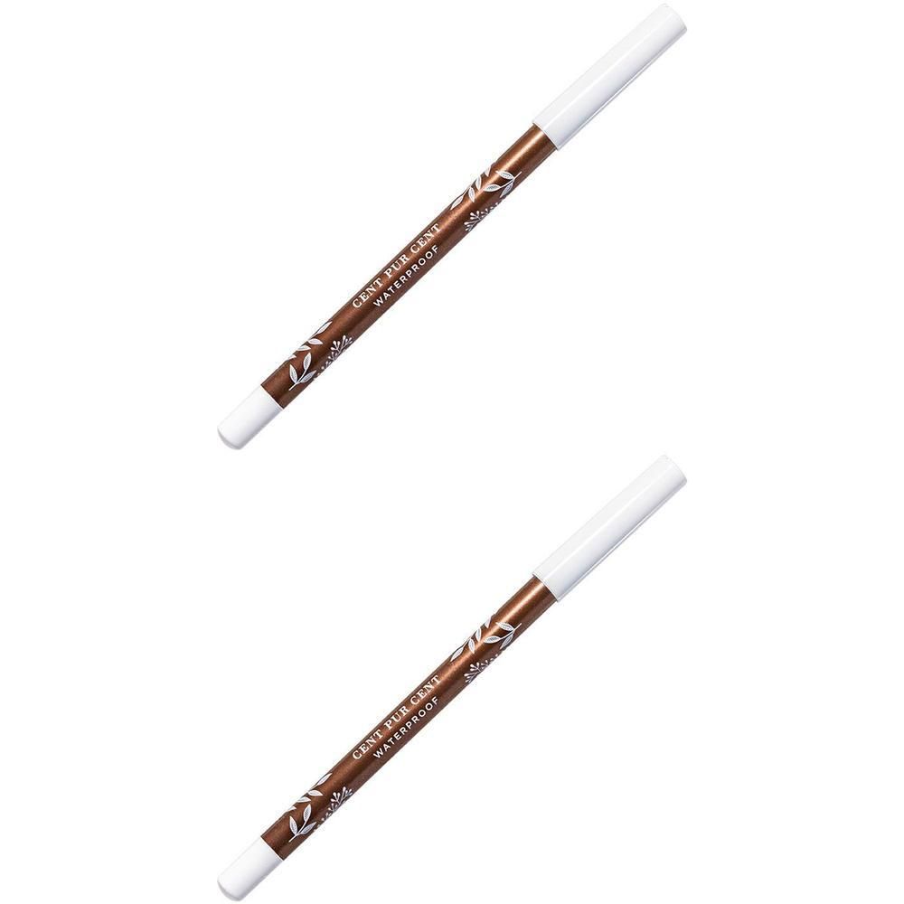 Deux crayons yeux bruns, capuchon blanc, texte Cent Pur Cent Waterproof.