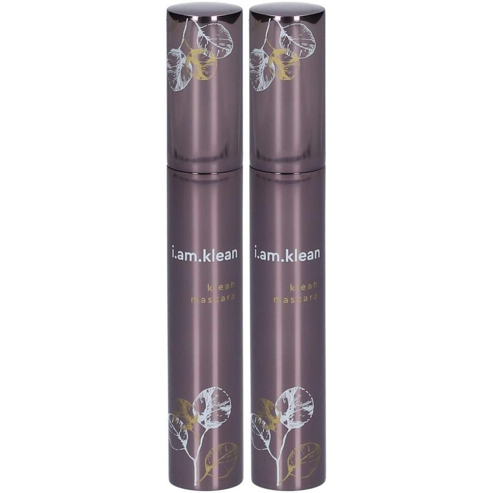 Deux tubes de mascara violets foncés avec des bouchons argentés. Inscription : i.am.klean, klean mascara. Motif floral.
