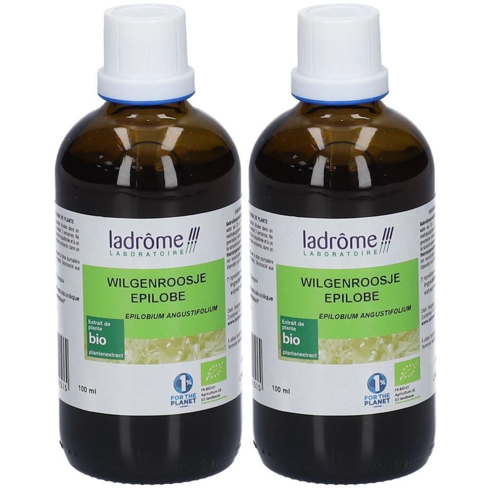 Twee bruine glazen flessen met witte doppen. Labels met "ladrôme" en "WILGENROOSJE EPILOBE". Bio-certificering.