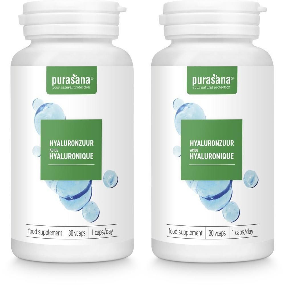 Deux flacons blancs avec étiquette verte. Inscription: Hyaluronzuur, Acide hyaluronique. 30 gélules.