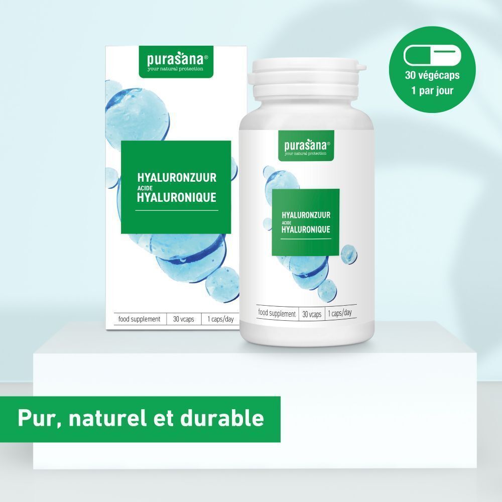 Un flacon blanc et une boîte avec étiquette verte. Inscription: Hyaluronzuur, Acide hyaluronique. 30 gélules.