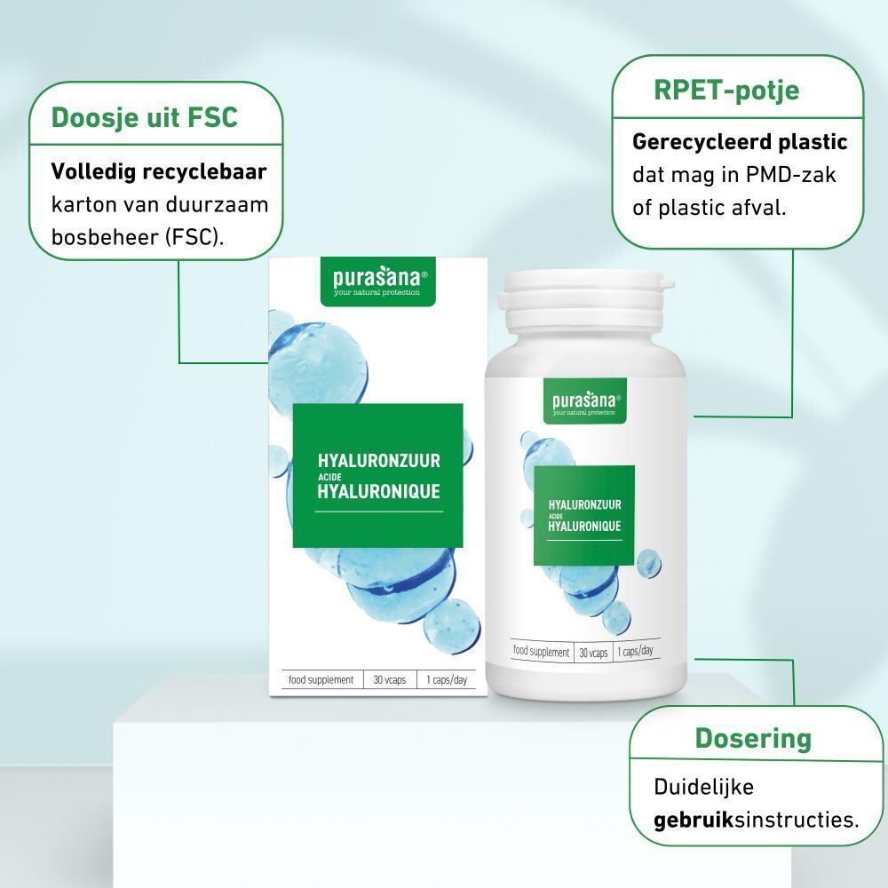 Doos en fles met groen etiket. Opschrift: Hyaluronzuur, Acide hyaluronique. 30 capsules. Dosering.