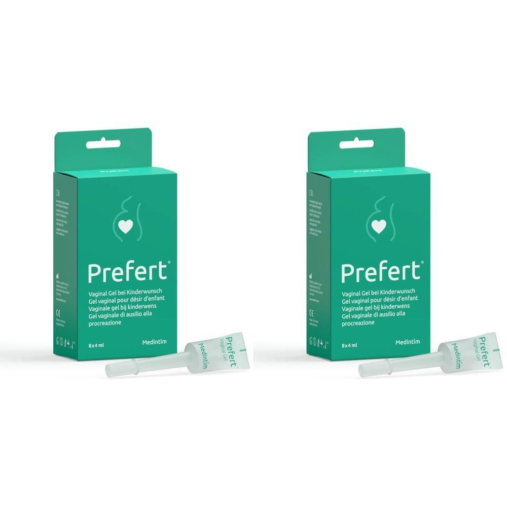 Twee groene dozen met productnaam Prefert en applicators. Opschrift: Vaginale gel voor kinderwens.