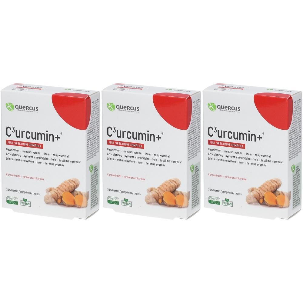 Drie dozen Quercus C³urcumin+ Full Spectrum Complex. De merk- en productnaam staan op elke doos. Kurkuma afgebeeld.