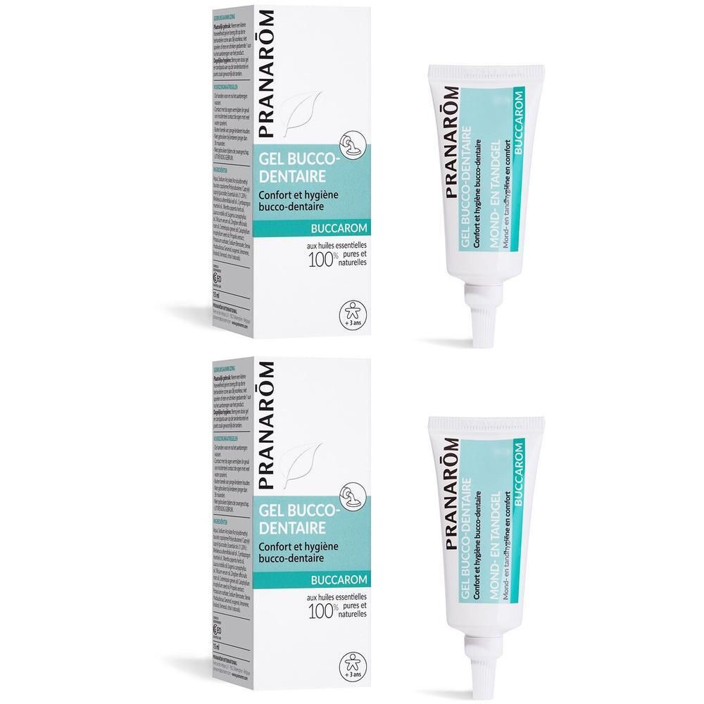 Deux présentations de Pranarôm Buccarom Gel Bucco-Dentaire. Chaque présentation comprend un tube et une boîte avec des informations.