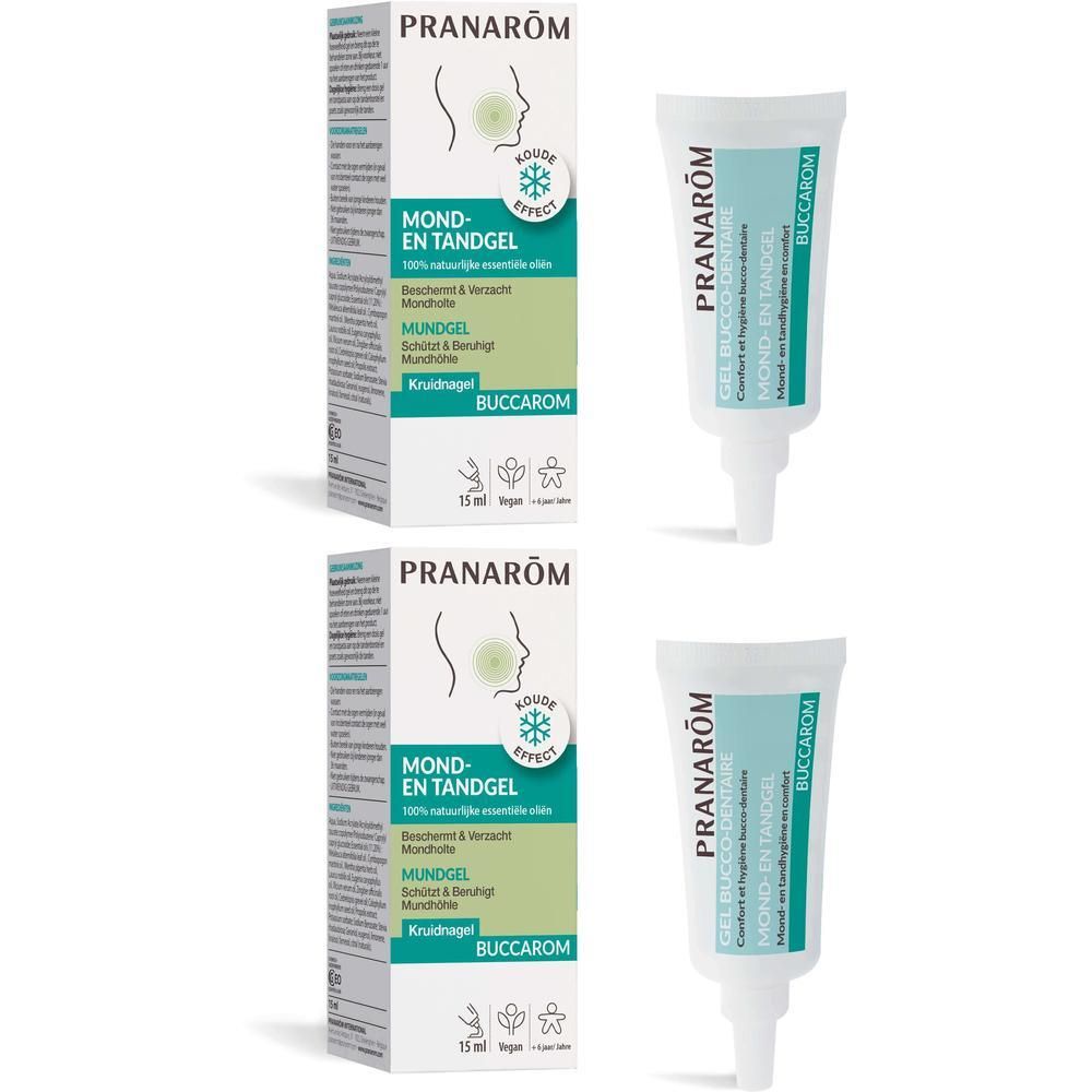 Twee verpakkingen van Pranarôm Mundgel. Elke verpakking bevat een tube en een doos met productinformatie.