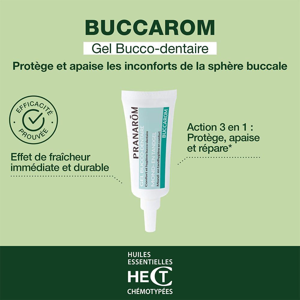 Tube de Pranarôm Buccarom Gel Bucco-Dentaire. Texte: 'Efficacité prouvée', 'Action 3 en 1'. Logo 'HECT Chémotypées'.