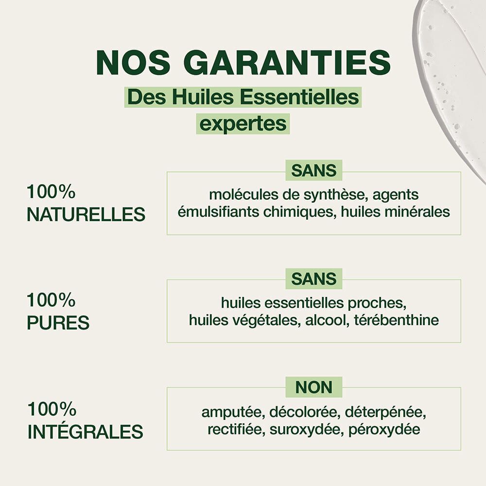 Infographie avec texte: 'Nos Garanties'. 100% naturel, pur, intégral. Sans molécules synthétiques, sans alcool, sans térébenthine.