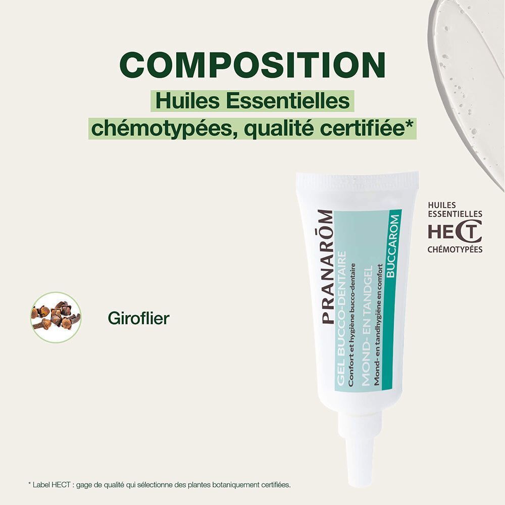 Tube Pranarôm Buccarom Gel Bucco-Dentaire. Texte: 'Composition', 'Huiles Essentielles chémotypées'. Illustration de clous de girofle.