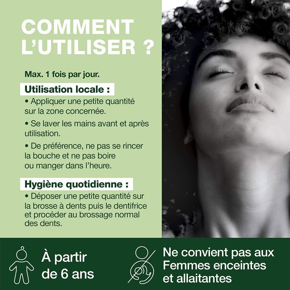 Infographie: 'Comment l'utiliser?'. Instructions d'utilisation avec texte et illustrations. Ne convient pas aux femmes enceintes et allaitantes.