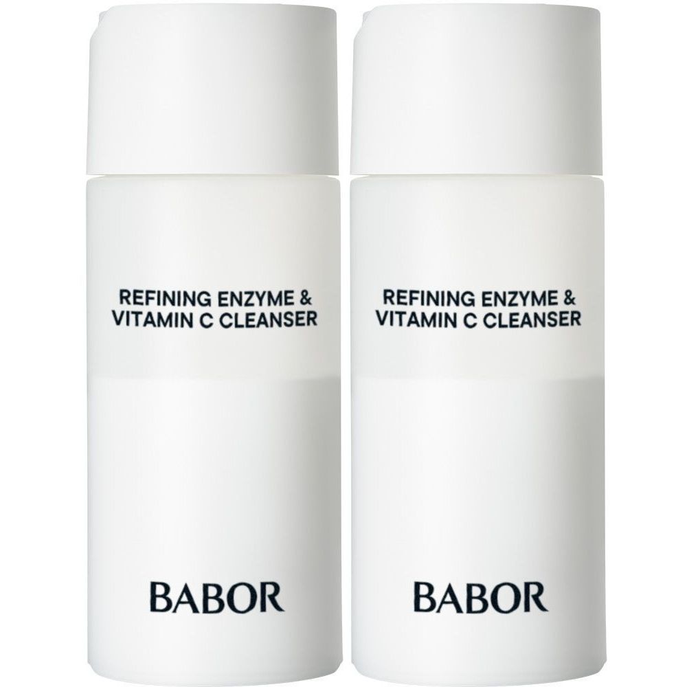 Twee witte flessen. Opschrift: Refining Enzyme & Vitamin C Cleanser. Merk: BABOR.