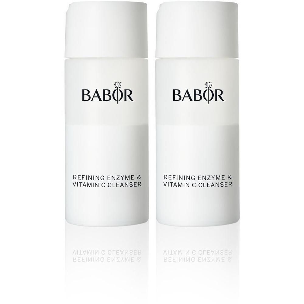 Deux flacons blancs avec logo BABOR et texte: Refining Enzyme & Vitamin C Cleanser. Reflet en dessous.