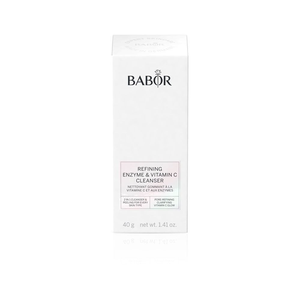 Emballage blanc avec logo BABOR et texte: Refining Enzyme & Vitamin C Cleanser. 40g, net wt. 1.41 oz.