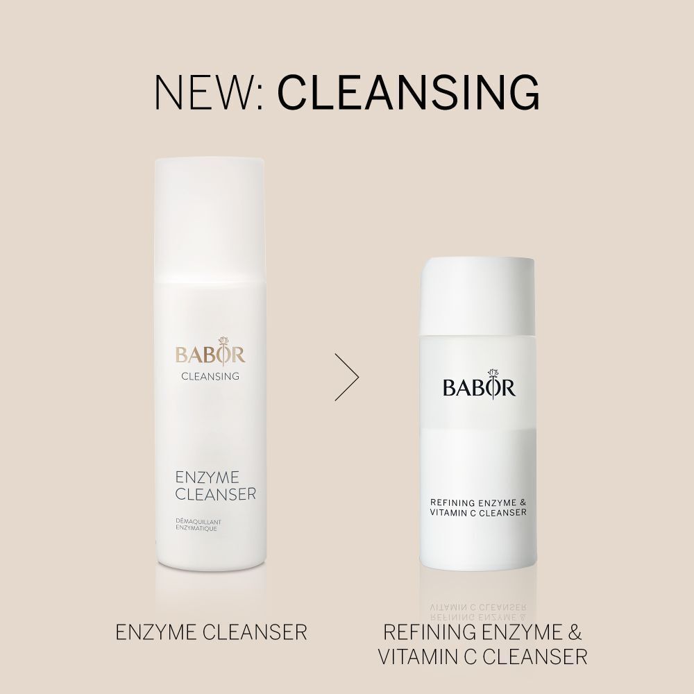 Comparaison de deux flacons: Enzyme Cleanser et Refining Enzyme & Vitamin C Cleanser. Texte: NEW: CLEANSING.