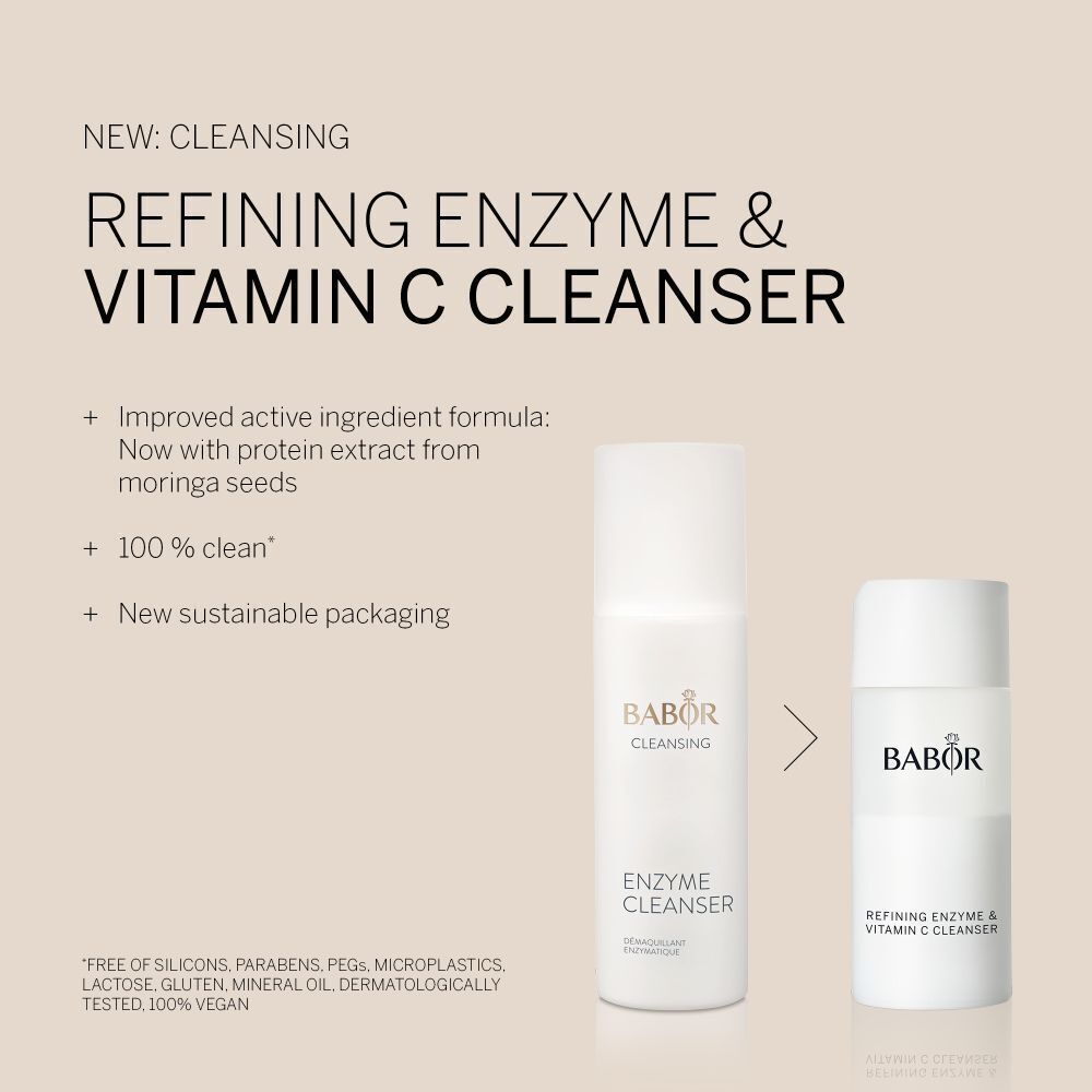 Comparaison de deux flacons: Enzyme Cleanser et Refining Enzyme & Vitamin C Cleanser. Texte: NEW: CLEANSING.