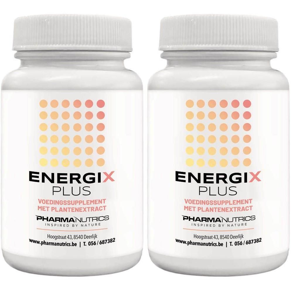 Twee witte flessen met de productnaam ENERGIX PLUS. Opschrift: VOEDINGSSUPPLEMENT MET PLANTENEXTRACT. Merk: PHARMANUTRICS.
