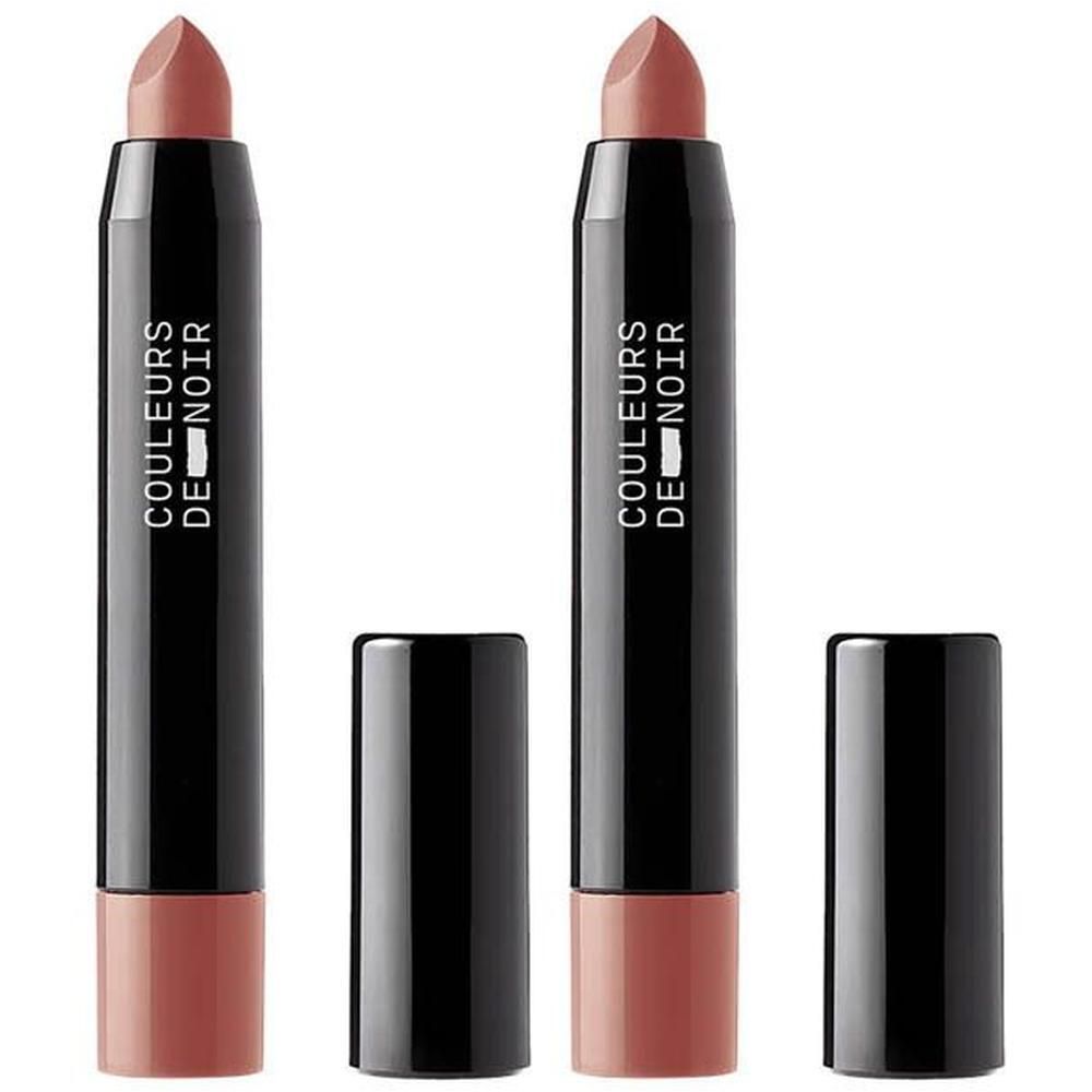Twee Couleurs de Noir Chubby Lipbalm. Zwarte hulzen, roze lippenstiften. Doppen ernaast.