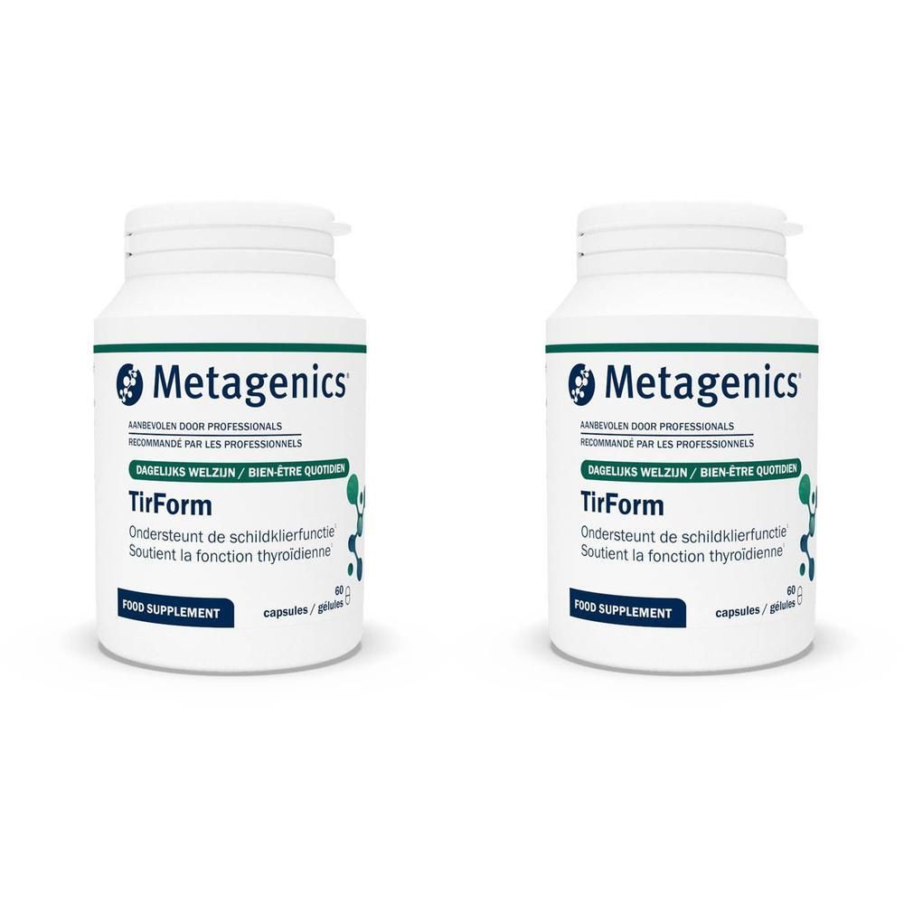 Deux flacons blancs avec étiquette. Inscription: Metagenics, TirForm, Food Supplement. Capsules/gélules.
