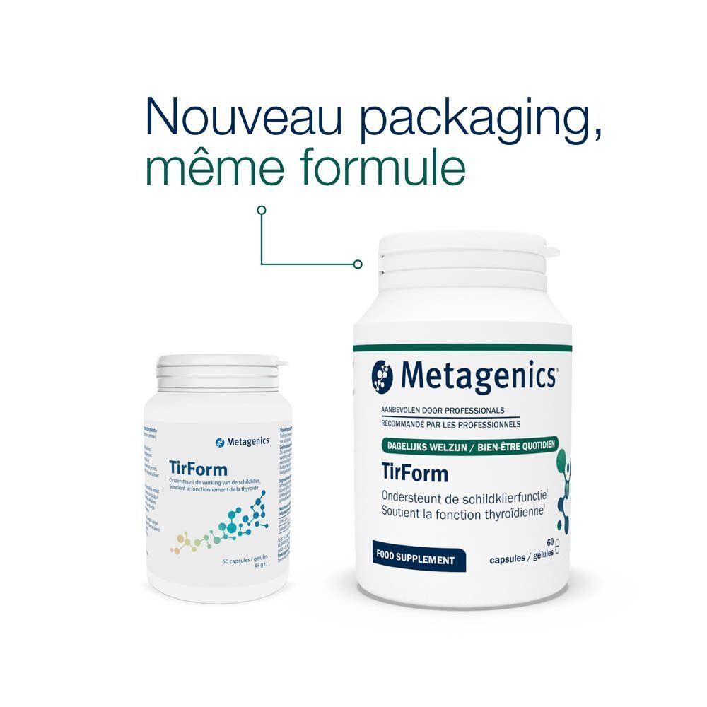 Deux flacons TirForm. Un petit et un grand. Inscription: Metagenics, TirForm, Food Supplement. Nouveau packaging, même formule.