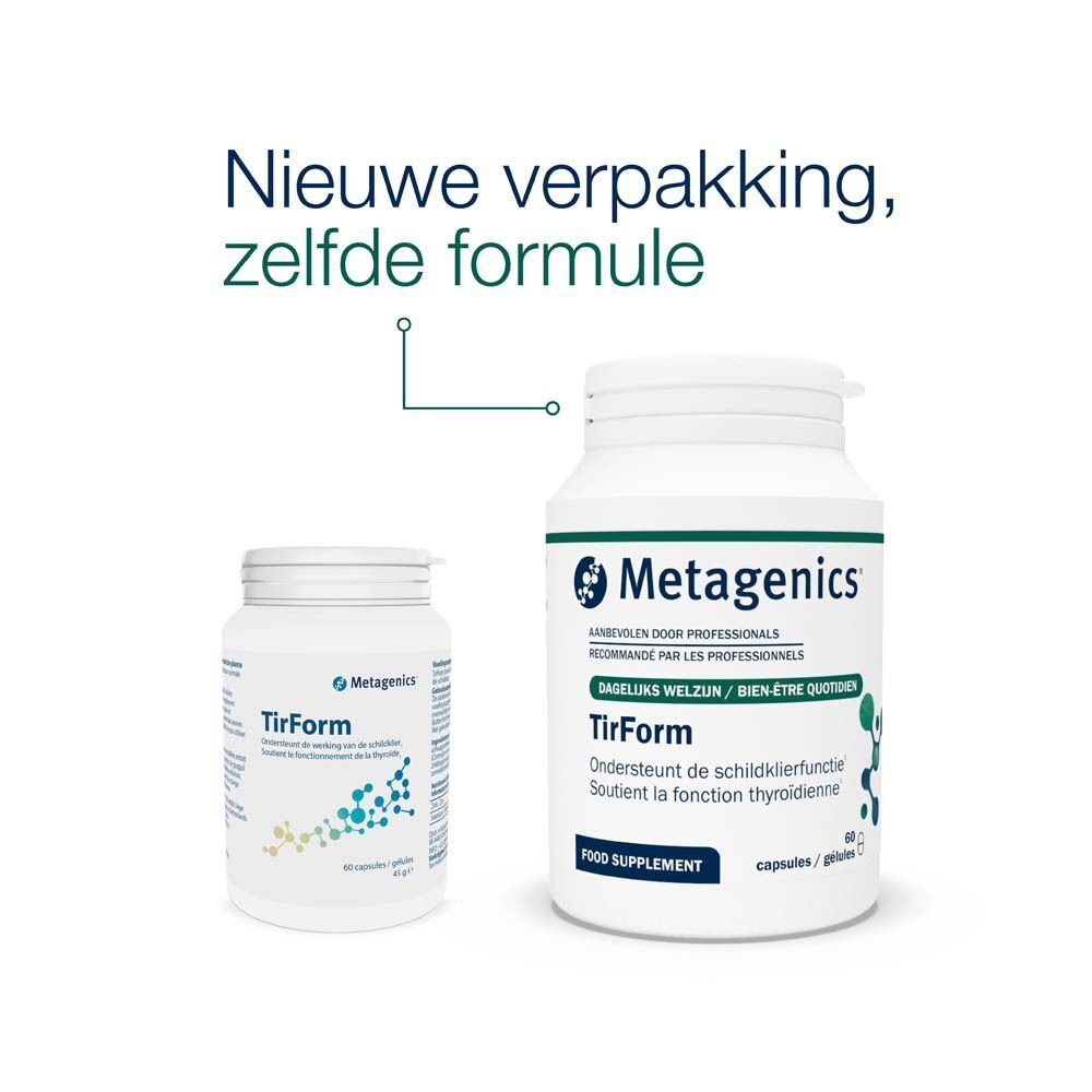 Twee flessen TirForm. Een kleine en een grote. Opschrift: Metagenics, TirForm, Food Supplement. Nieuwe verpakking, zelfde formule.