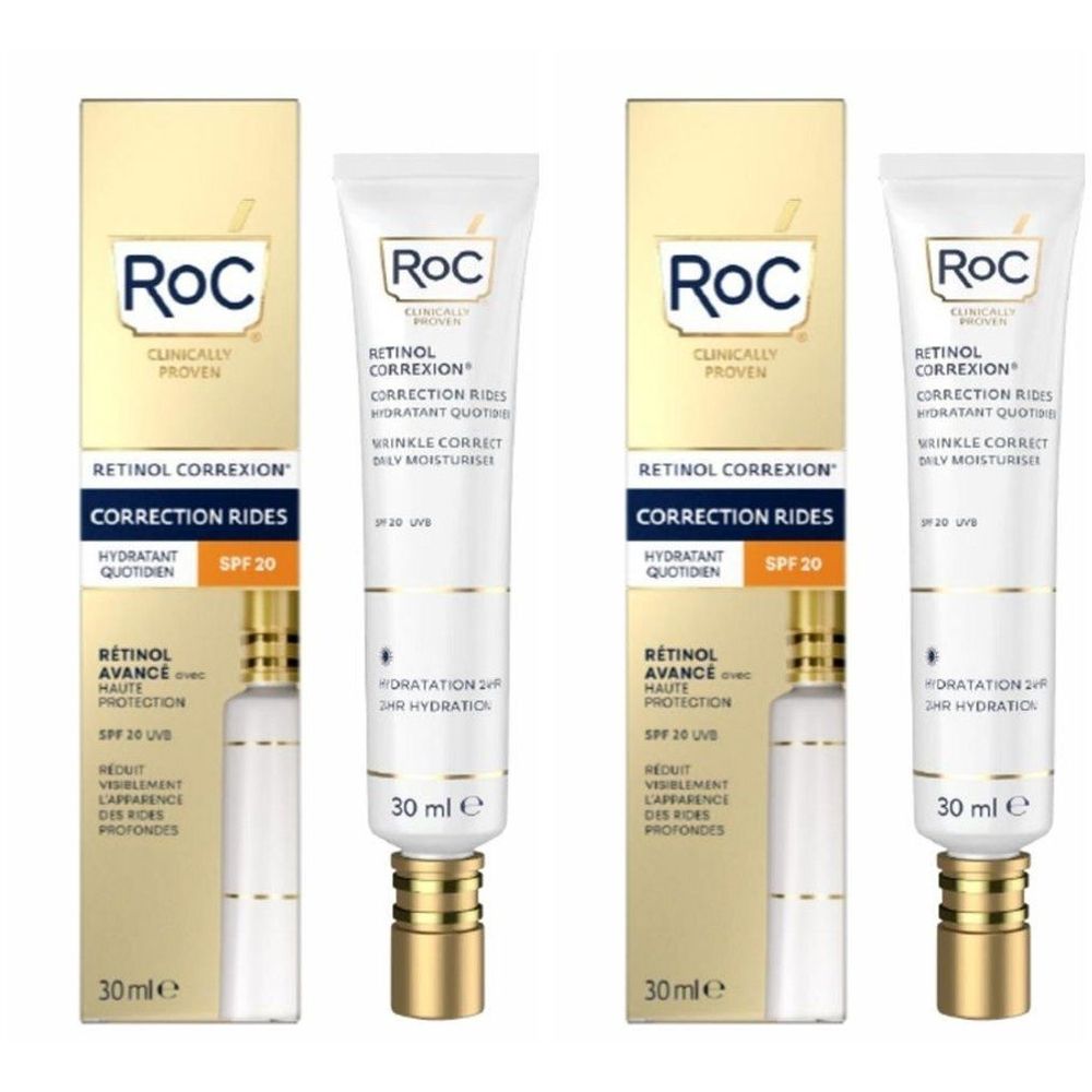 Twee tubes en verpakkingen RoC Retinol Correxion. Gouden verpakking. Tekst: Retinol Correxion, SPF 20, 30 ml.