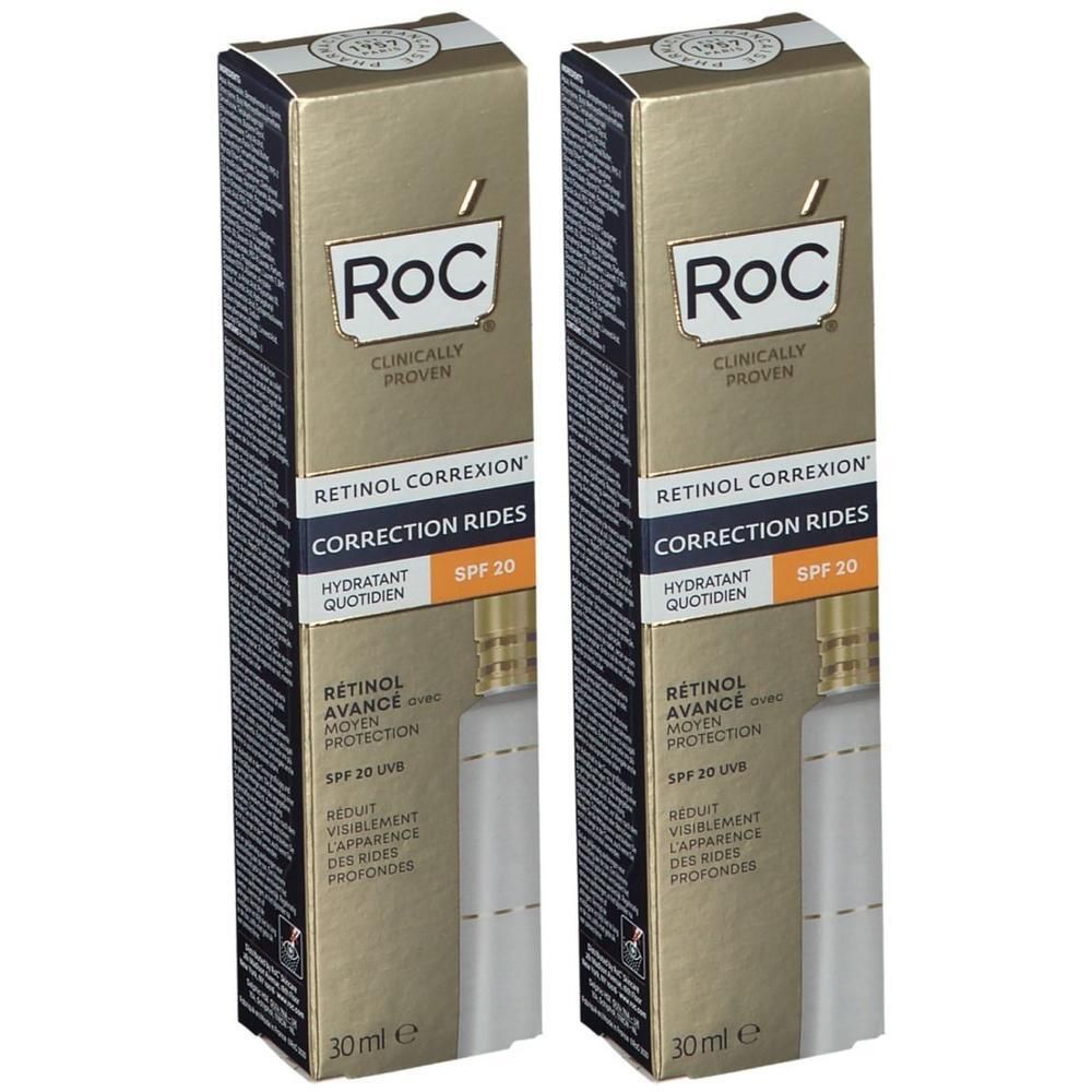 Deux boîtes RoC dorées. Texte: RETINOL CORREXION, Correction Rides, Hydratant Quotidien, SPF 20. Contiennent un produit pour le visage.