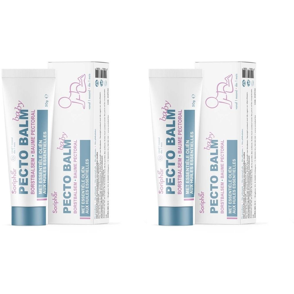 Deux tubes et deux boîtes. Les tubes indiquent "PECTO BALM Baby". Les boîtes affichent un symbole de bébé et des informations sur le produit.
