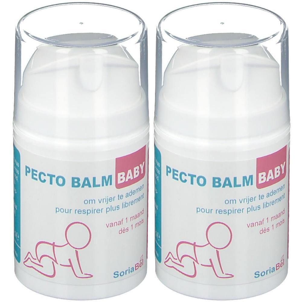 Twee witte pompflessen met transparante deksels. Opschrift: Pecto Balm Baby. Illustratie van een baby. Merk: SoriaBel.