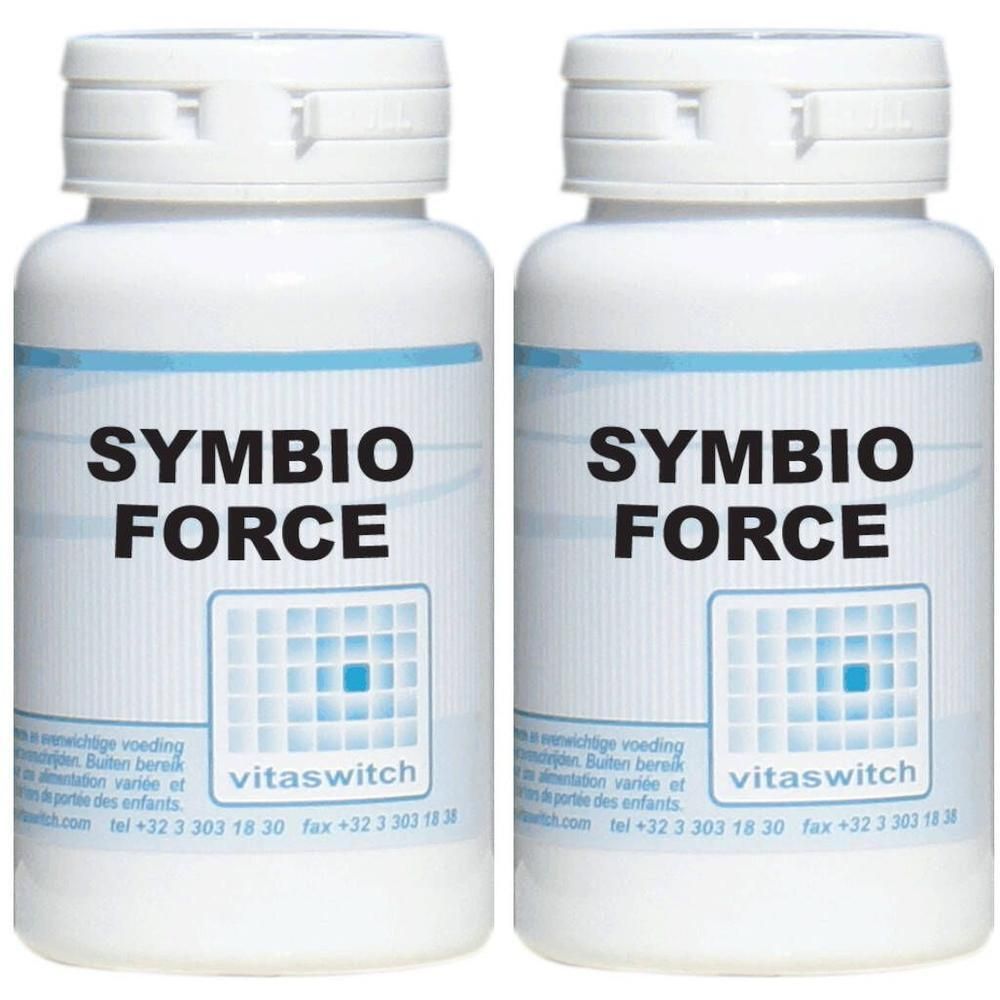 Twee witte flessen met de tekst SYMBIO FORCE. Daaronder staat vitaswitch. De flessen hebben een witte dop.