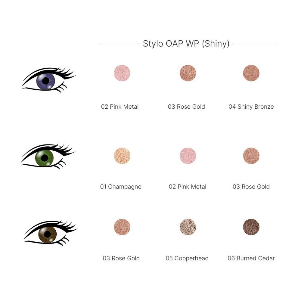 Palette de couleurs pour Stylo OAP Eyeshadow Stick (Shiny). Couleurs: Pink Metal, Rose Gold, Shiny Bronze, Champagne, Copperhead, Burnt Cedar.