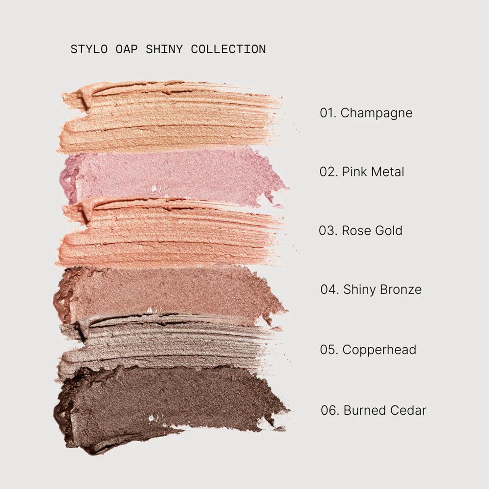 Kleurenstalen van de Stylo OAP Shiny Collection oogschaduw. Kleuren: Champagne, Pink Metal, Rose Gold, Shiny Bronze, Copperhead, Burnt Cedar.