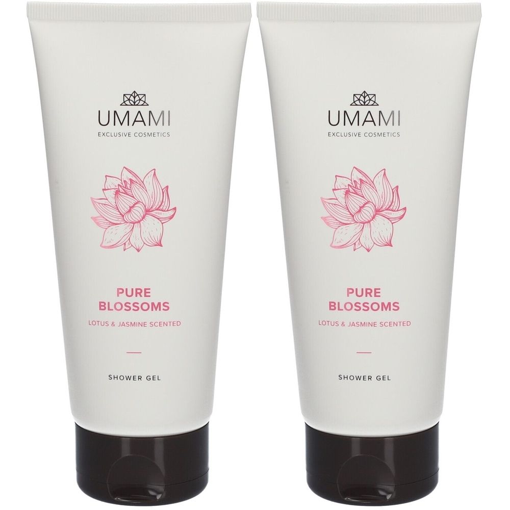 Twee witte tubes douchegel. Op elke tube: logo, roze lotusbloem, tekst 'Pure Blossoms' en 'Shower Gel'.