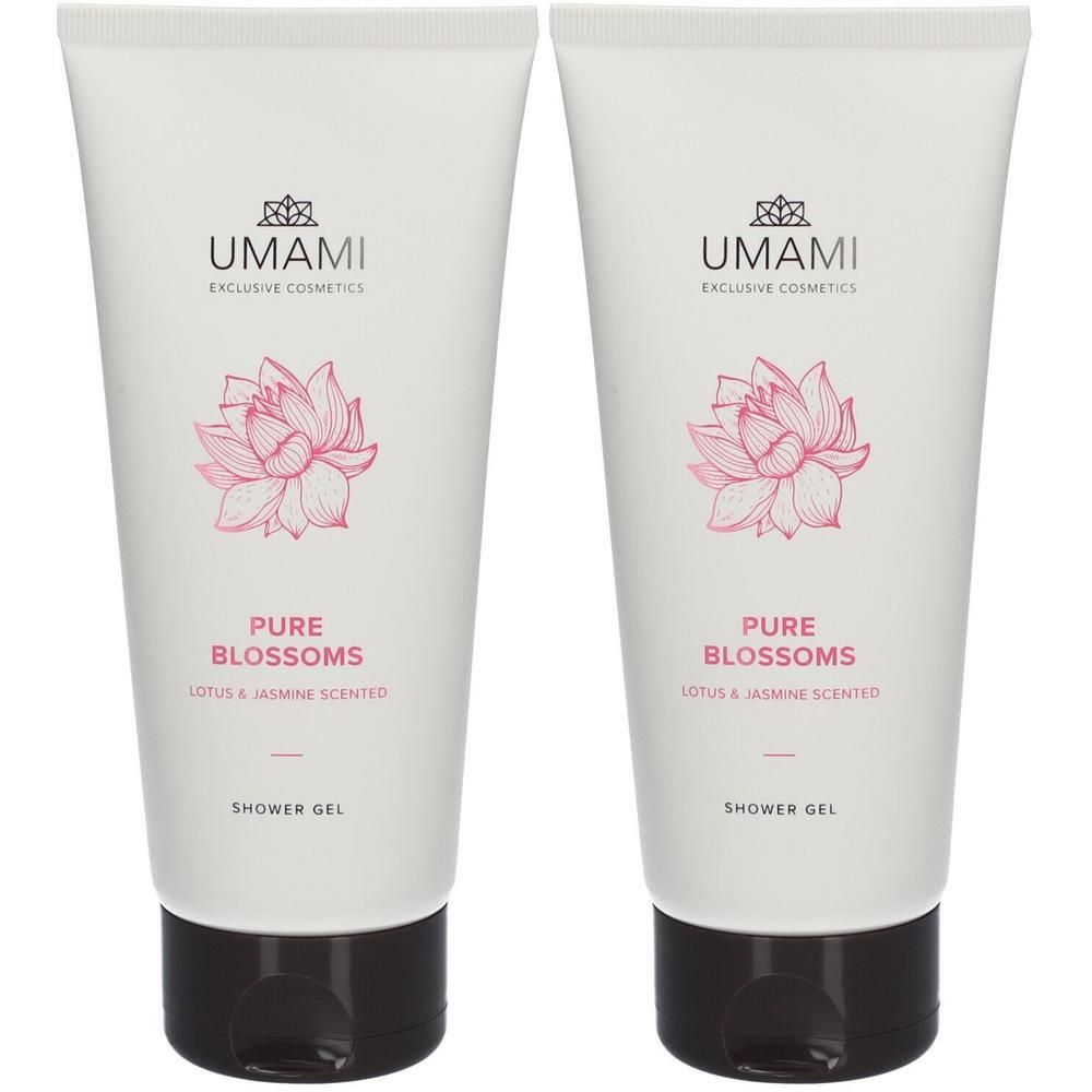 Deux tubes de gel douche blancs. Motif floral rose et texte. Fermeture noire. Nom du produit et marque visibles.