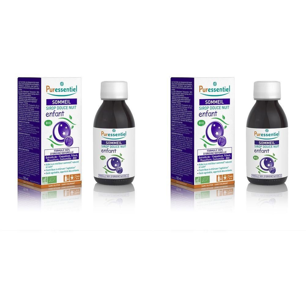 Twee flessen en twee dozen. Opschrift: Puressentiel Sommeil Sirop Douce Nuit Enfant. Bio-certificering.