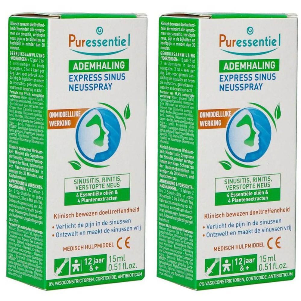 Twee dozen neusspray. Opschrift: Puressentiel, Ademhaling, Express Sinus, Neusspray. Groen-witte verpakking met productinformatie.