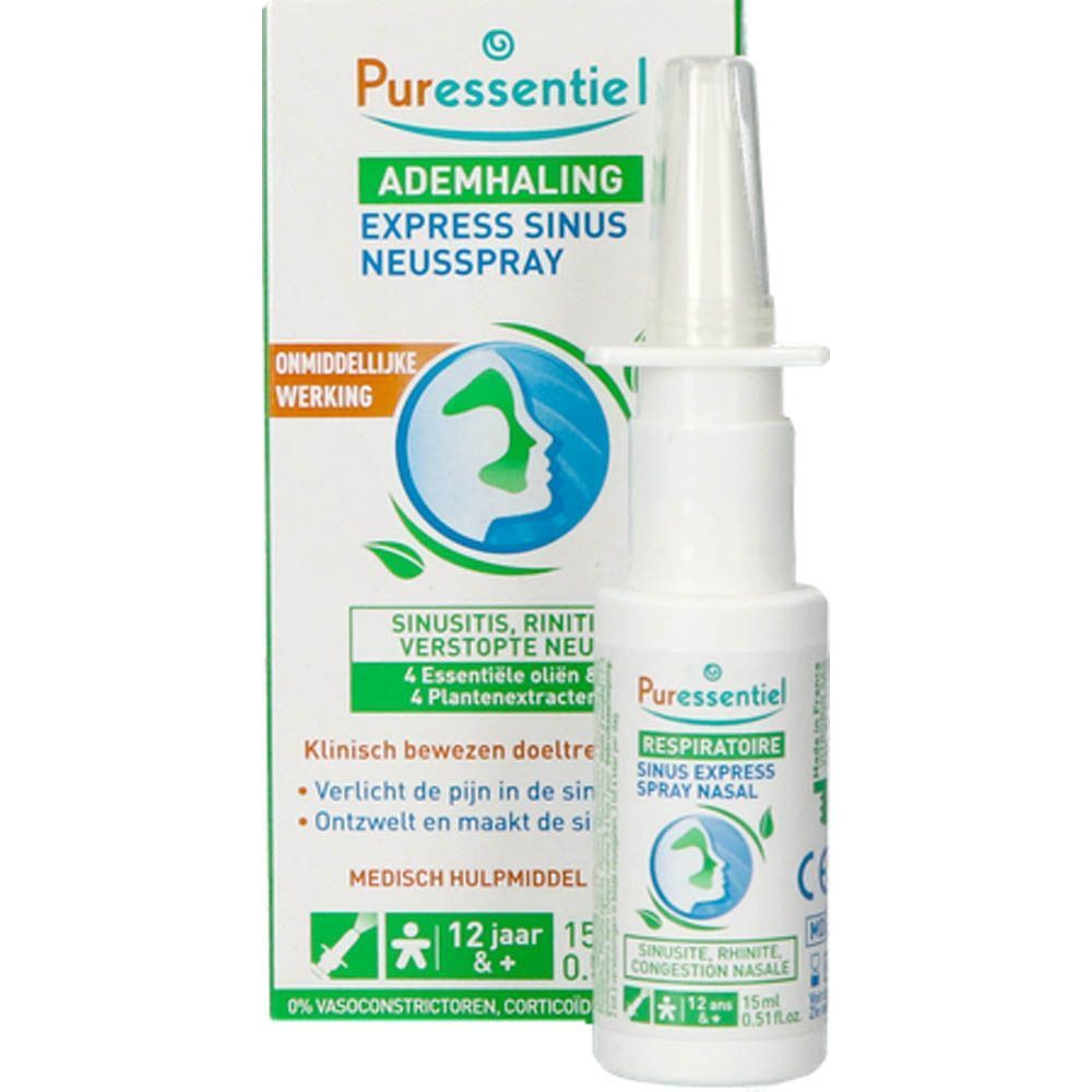 Spray nasal et boîte. Inscription : Puressentiel, Voies respiratoires, Express Sinus, Neusspray. Spray blanc avec embout, emballage vert et blanc.