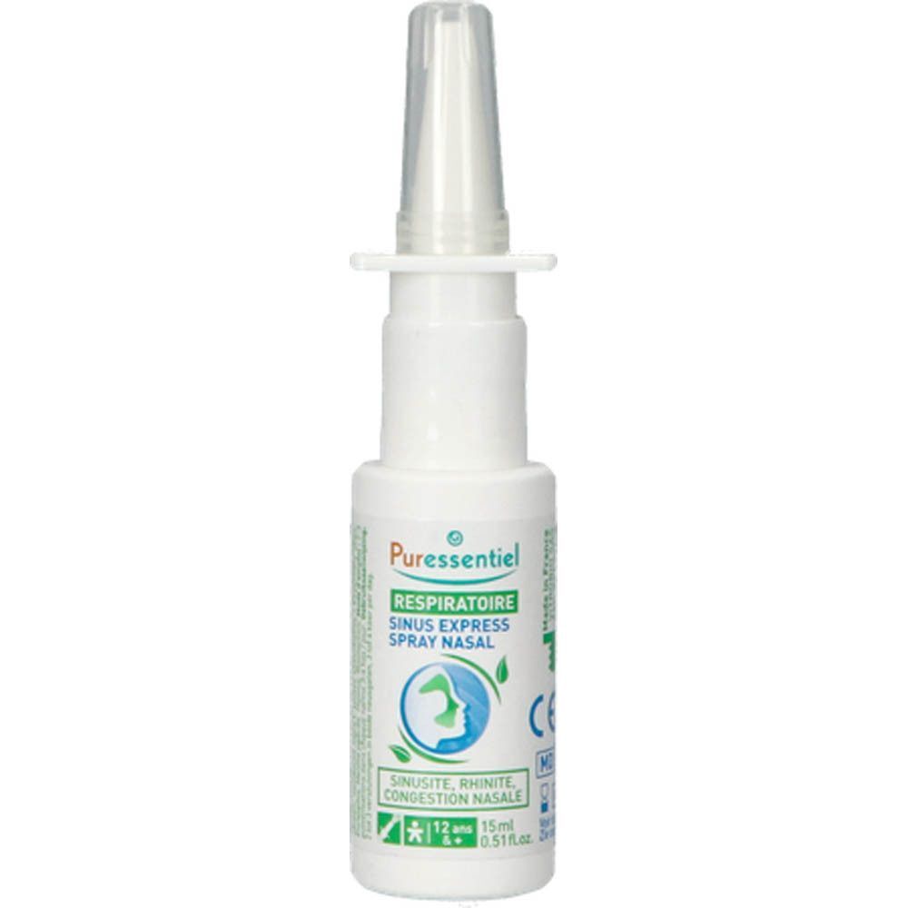 Witte neusspray met sproeikop. Opschrift: Puressentiel, Respiratoire, Sinus Express Spray Nasal. Groene en witte opschriften.